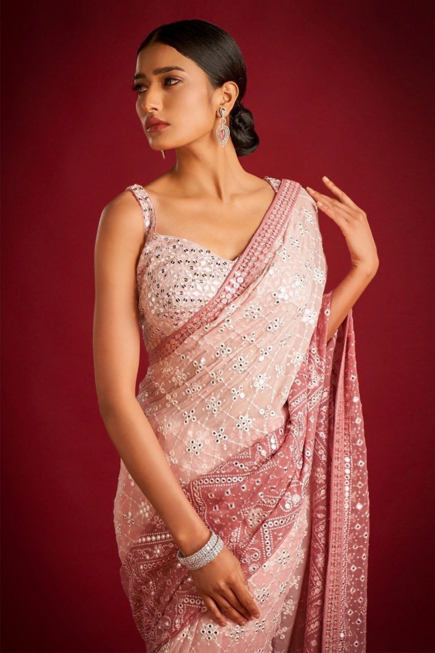Light Peach Georgette Saree with Exquisite Embroidery ClothsVilla