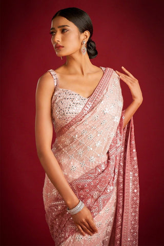Light Peach Georgette Saree with Exquisite Embroidery ClothsVilla