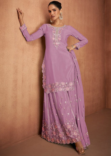 Light Pink Chinon Embroidered Kurta Palazzo Set ClothsVilla