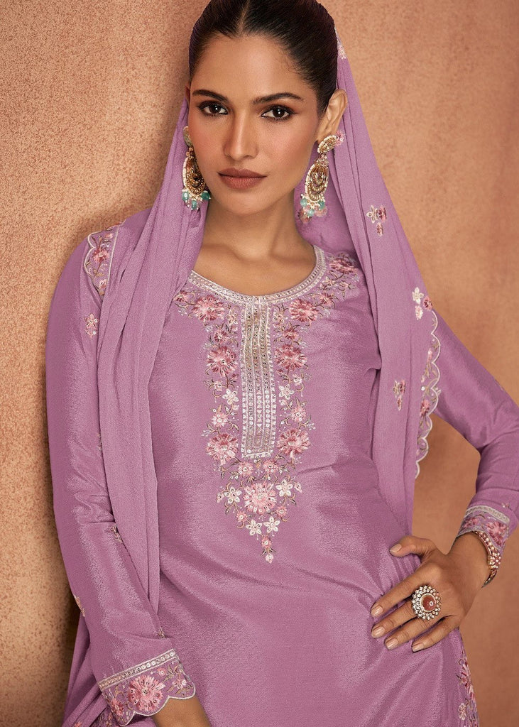 Light Pink Chinon Embroidered Kurta Palazzo Set ClothsVilla