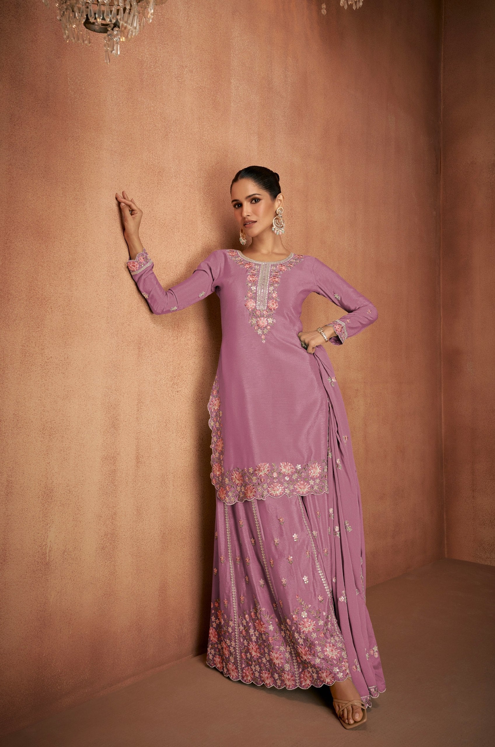 Light Pink Chinon Embroidered Kurta Palazzo Set ClothsVilla Main image
