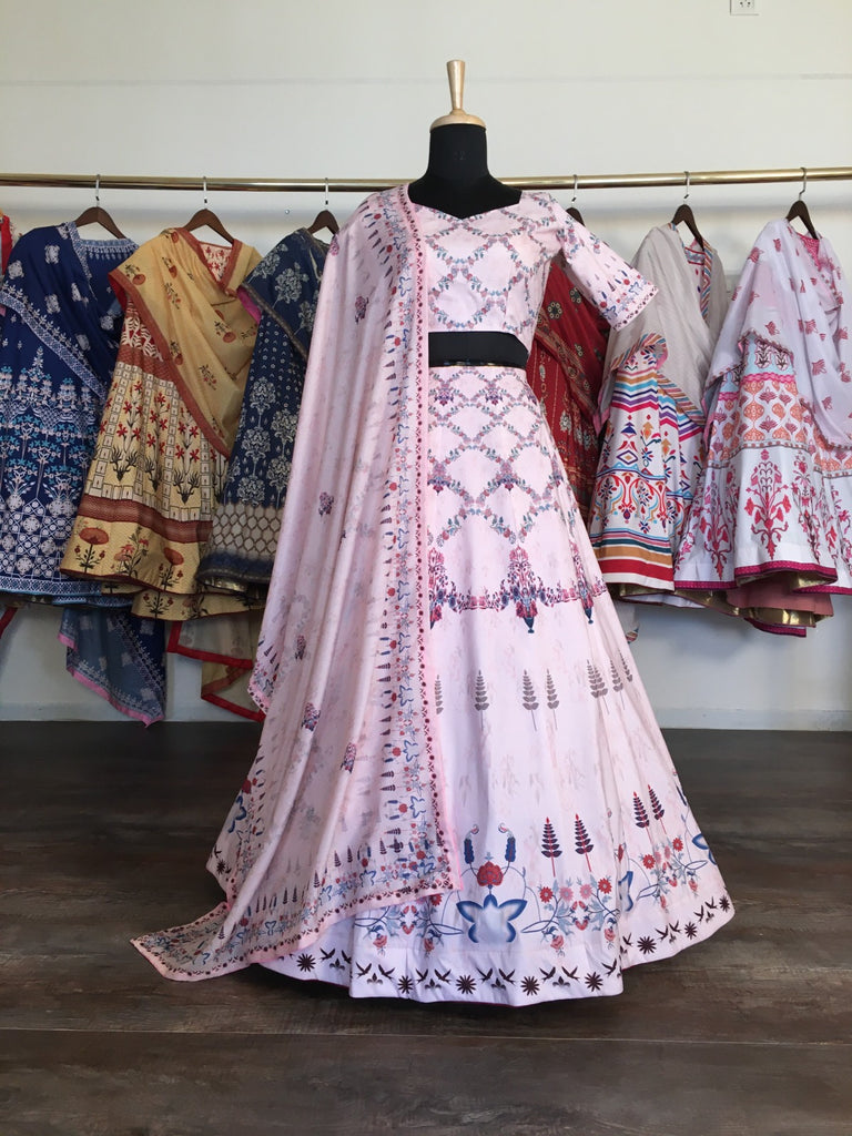 Light Pink Color Captivate Hearts in This Exquisite Vaishali Silk Printed Lehenga Choli with Muslin Silk Dupatta ClothsVilla