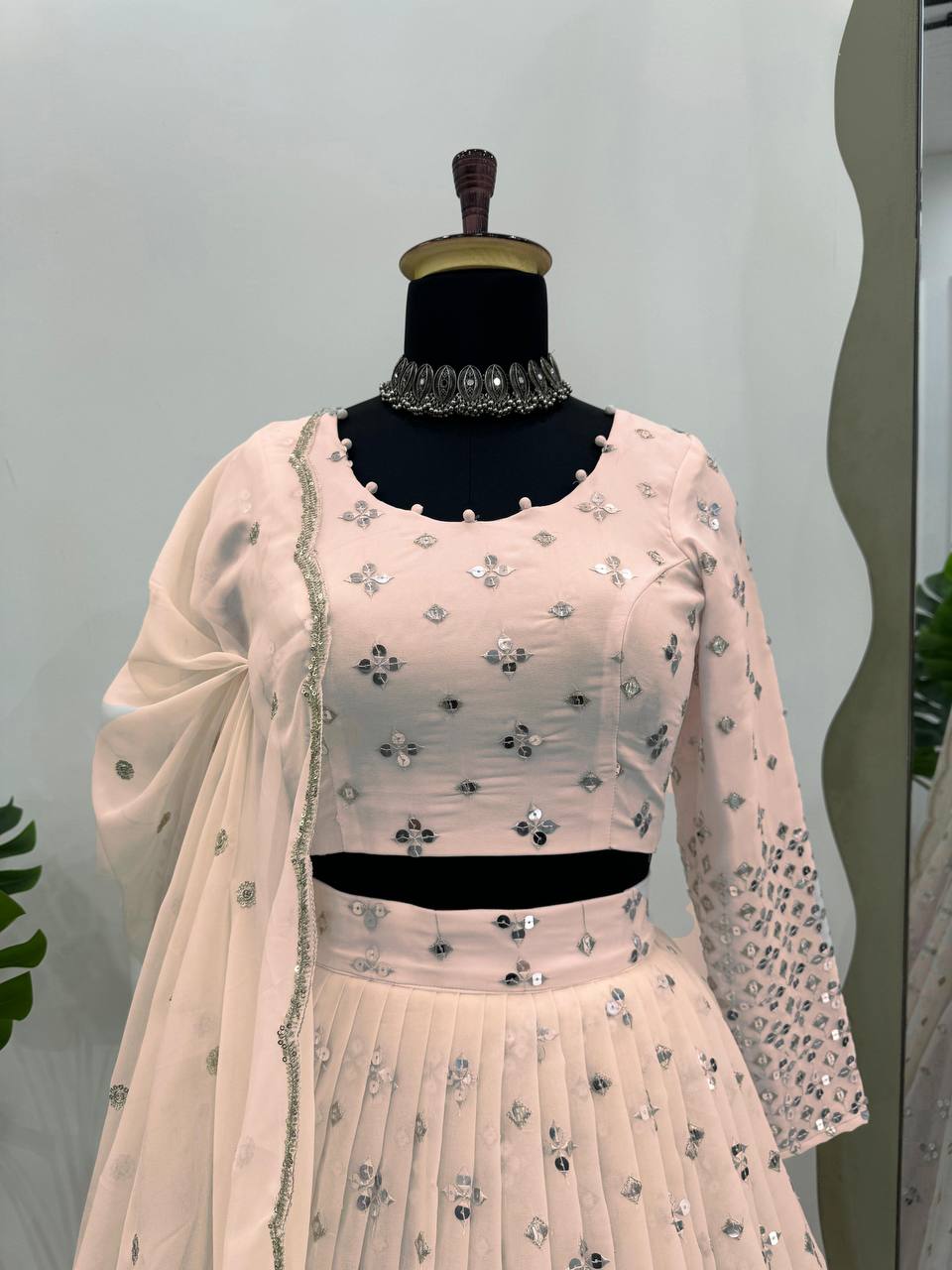 Light Pink Designer Faux Georgette Semi-Stitched Lehenga Set with 9mm Sequin Embroidery & Cutwork Dupatta Clothsvilla