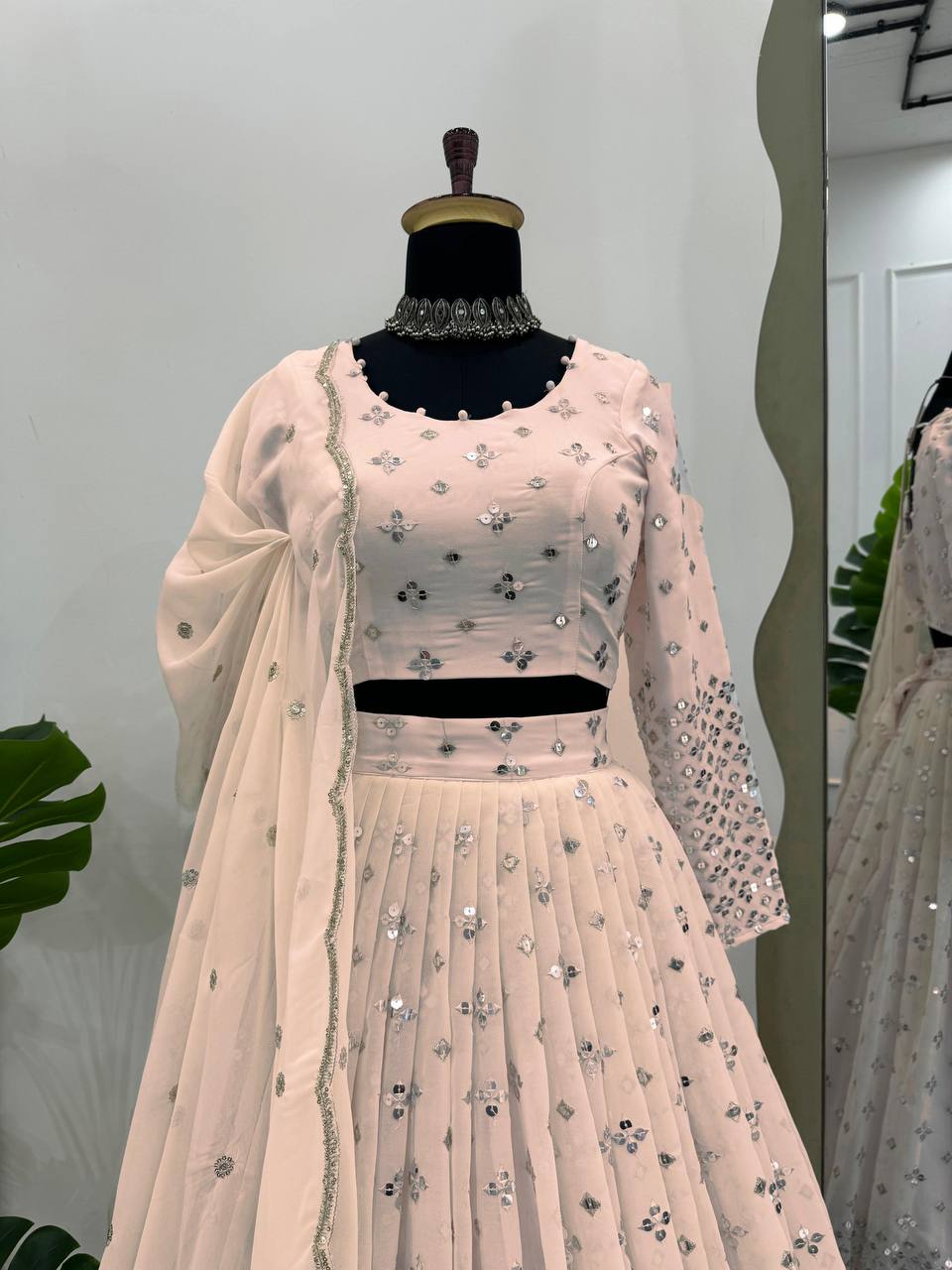 Light Pink Designer Faux Georgette Semi-Stitched Lehenga Set with 9mm Sequin Embroidery & Cutwork Dupatta Clothsvilla
