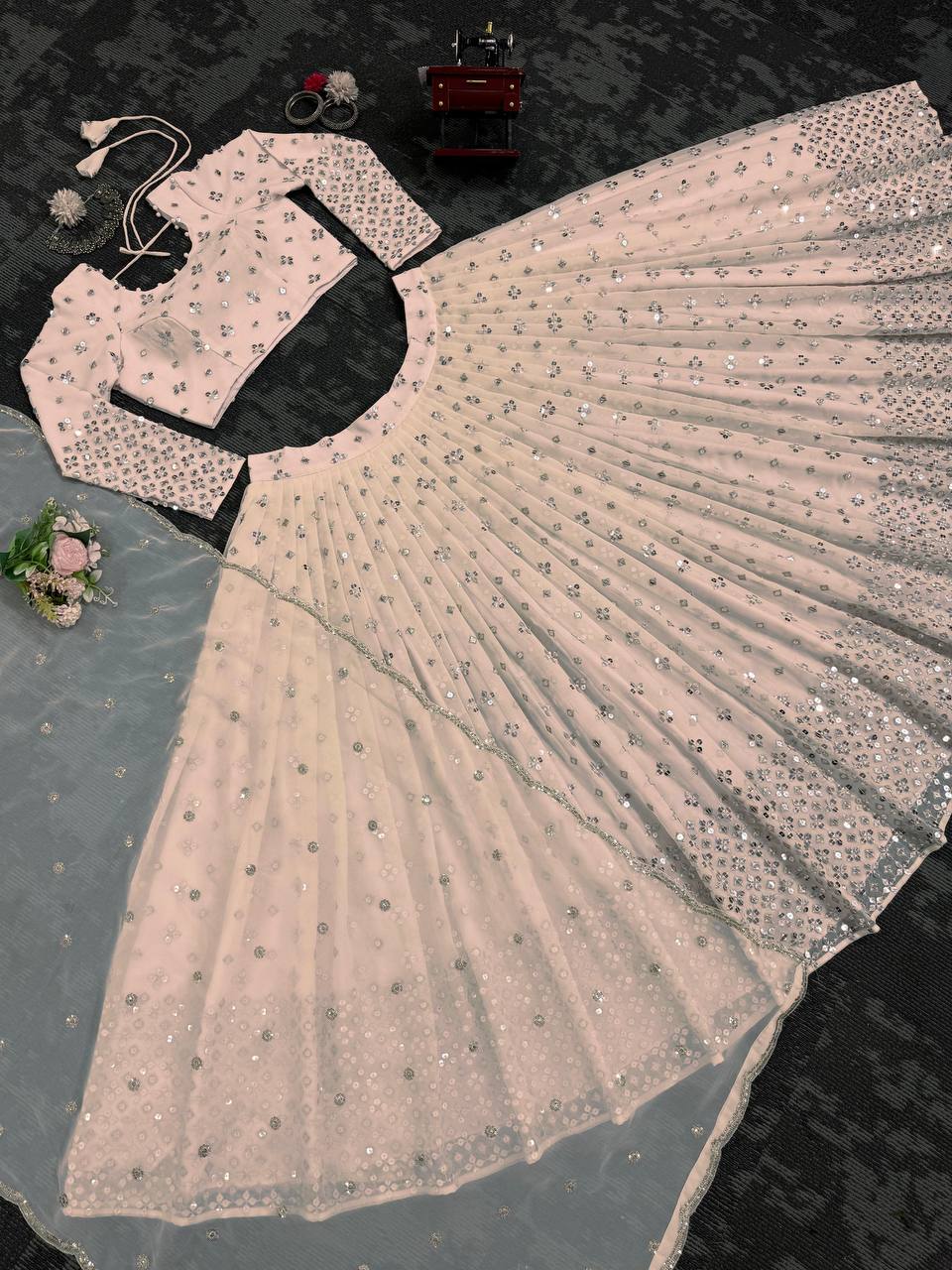 Light Pink Designer Faux Georgette Semi-Stitched Lehenga Set with 9mm Sequin Embroidery & Cutwork Dupatta Clothsvilla