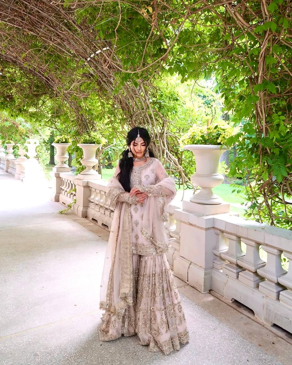 Light Pink Designer Party Wear Heavy Faux Georgette Embroidered Top, Plazzo & Dupatta Set