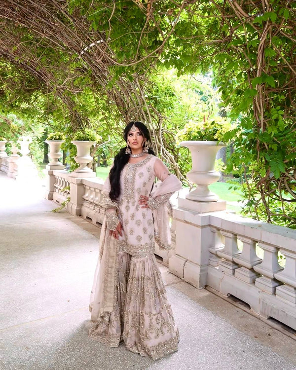 Light Pink Designer Party Wear Heavy Faux Georgette Embroidered Top, Plazzo & Dupatta Set