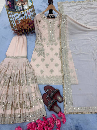 Light Pink Designer Party Wear Heavy Faux Georgette Embroidered Top, Plazzo & Dupatta Set