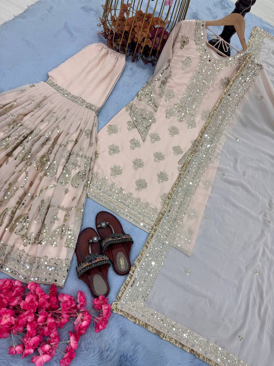 Light Pink Designer Party Wear Heavy Faux Georgette Embroidered Top, Plazzo & Dupatta Set