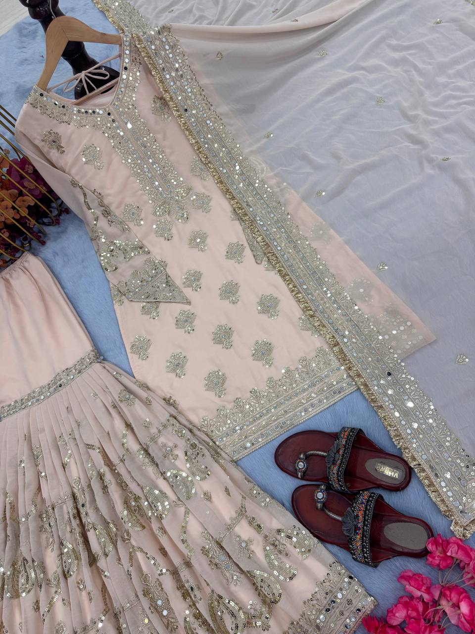 Light Pink Designer Party Wear Heavy Faux Georgette Embroidered Top, Plazzo & Dupatta Set