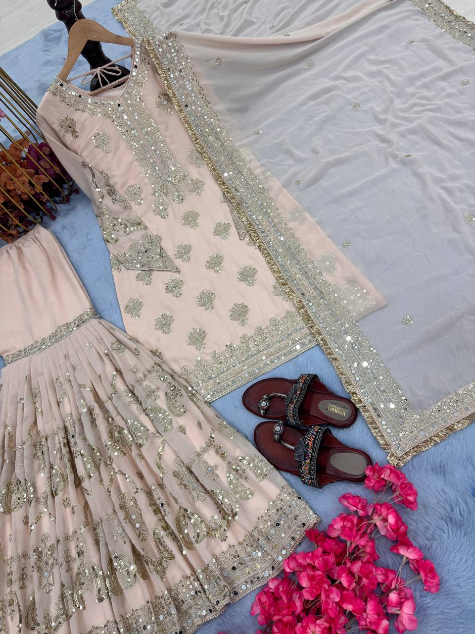 Light Pink Designer Party Wear Heavy Faux Georgette Embroidered Top, Plazzo & Dupatta Set