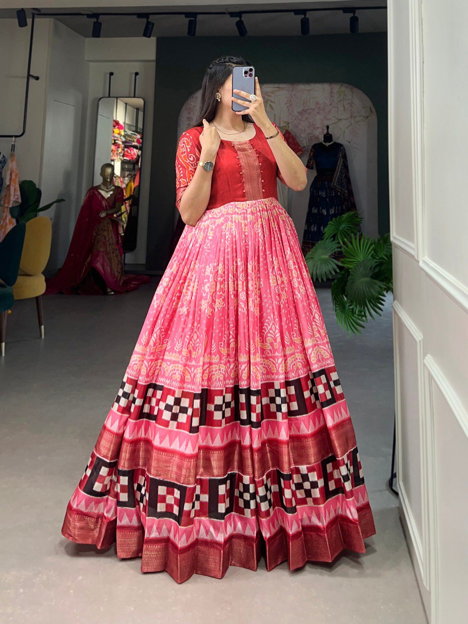 Light Pink Dola Silk Printed Gown with Zari Border Secondary image