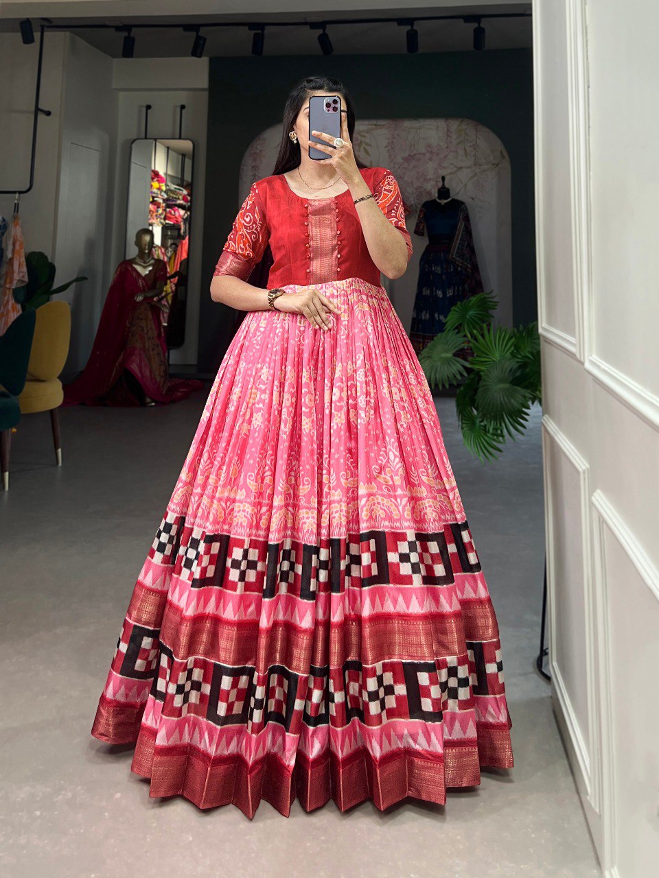 Light Pink Dola Silk Printed Gown with Zari Border ClothsVilla Main image
