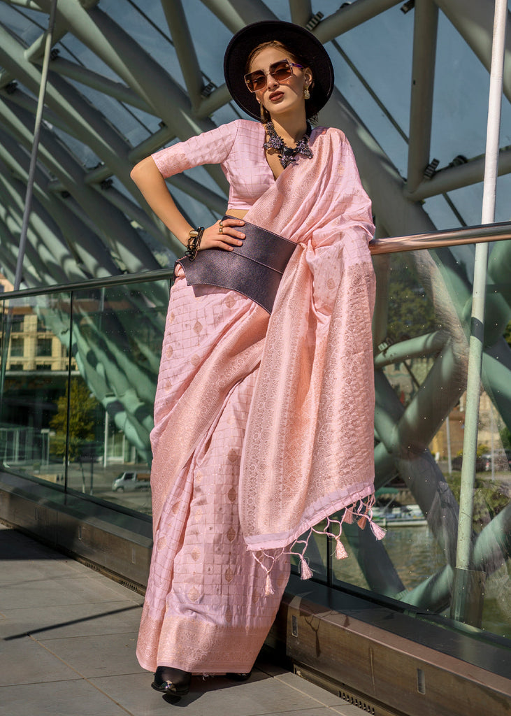 Light Pink Elegant Banarasi Blended Silk Saree – Handwoven Heritage for Special Occasions ClothsVilla