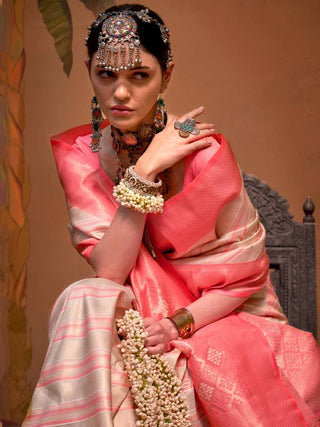 Light Pink Elegant Banarasi Silk Blend Saree with Unstitched Blouse ClothsVilla