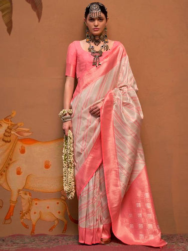Light Pink Elegant Banarasi Silk Blend Saree with Unstitched Blouse ClothsVilla