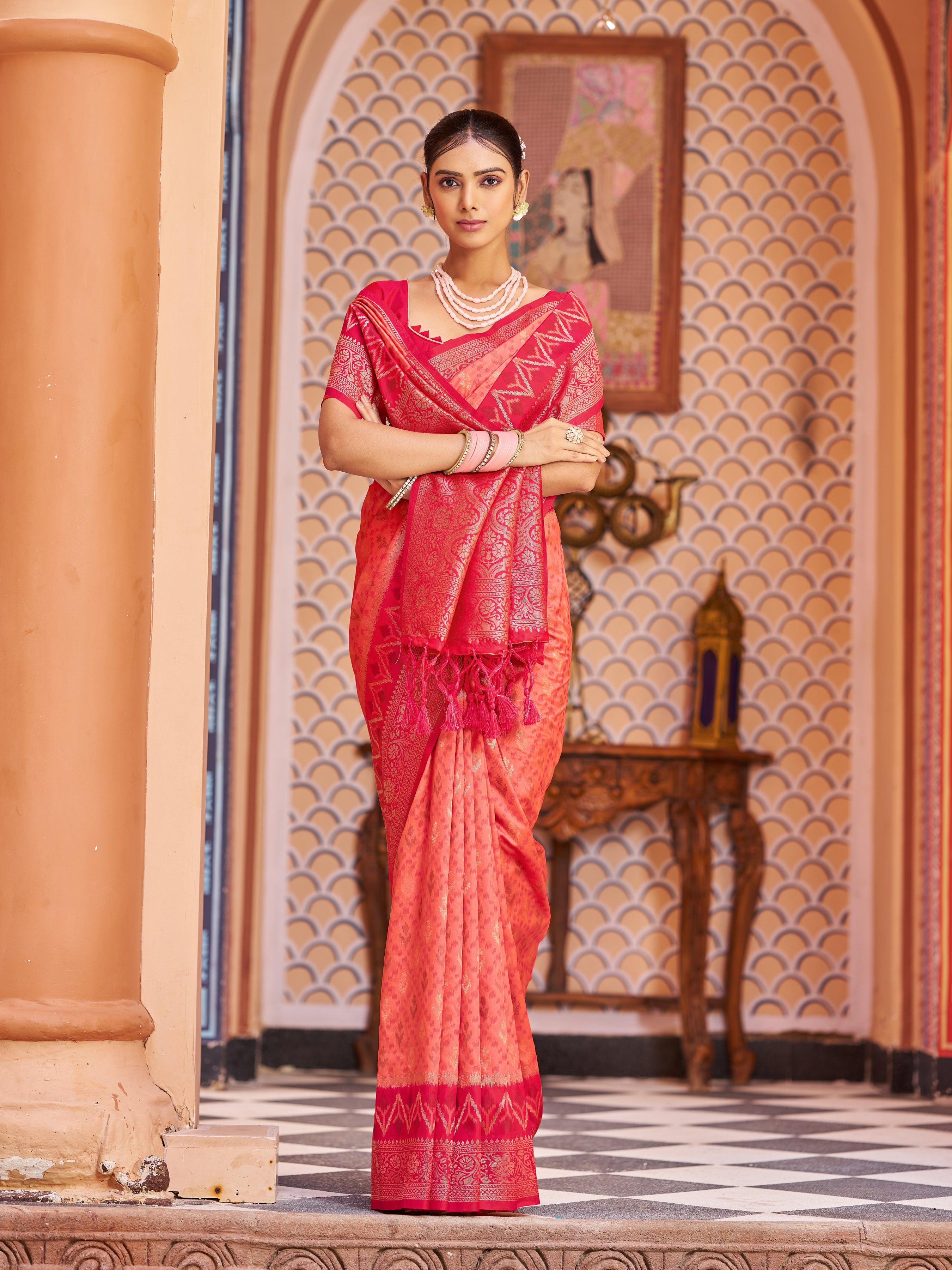 Light Pink Elegant Banarasi Tissue Silk Saree with Zari Woven Design ClothsVilla Main image