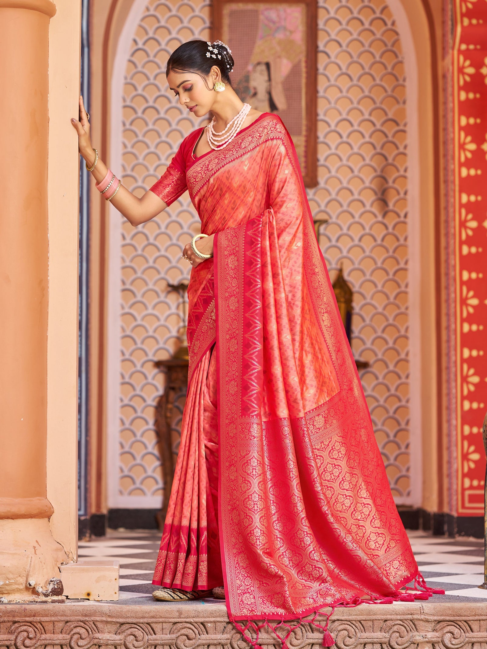 Light Pink Elegant Banarasi Tissue Silk Saree with Zari Woven Design ClothsVilla