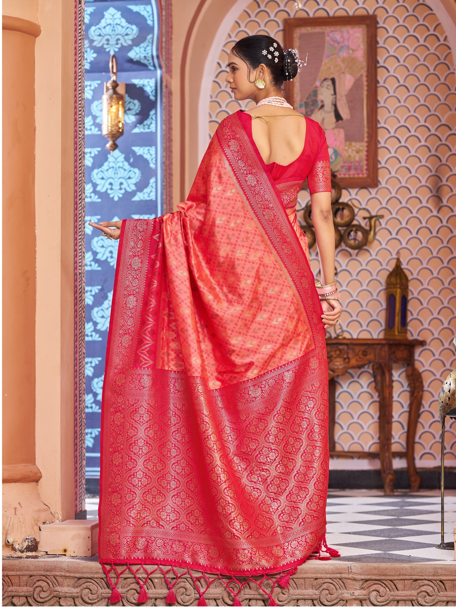 Light Pink Elegant Banarasi Tissue Silk Saree with Zari Woven Design ClothsVilla