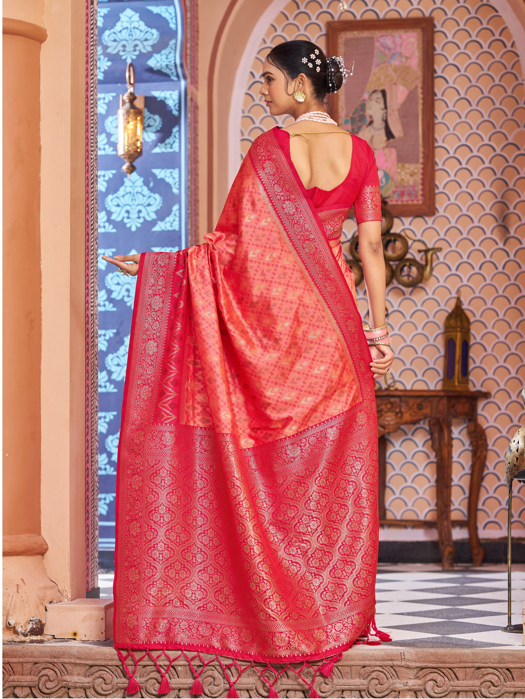Light Pink Elegant Banarasi Tissue Silk Saree with Zari Woven Design ClothsVilla