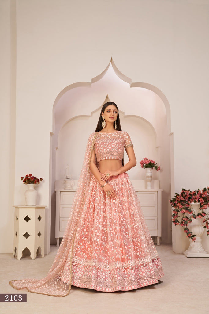 Light Pink Elegant Butterfly Net Lehenga with Intricate Embroidery ClothsVilla