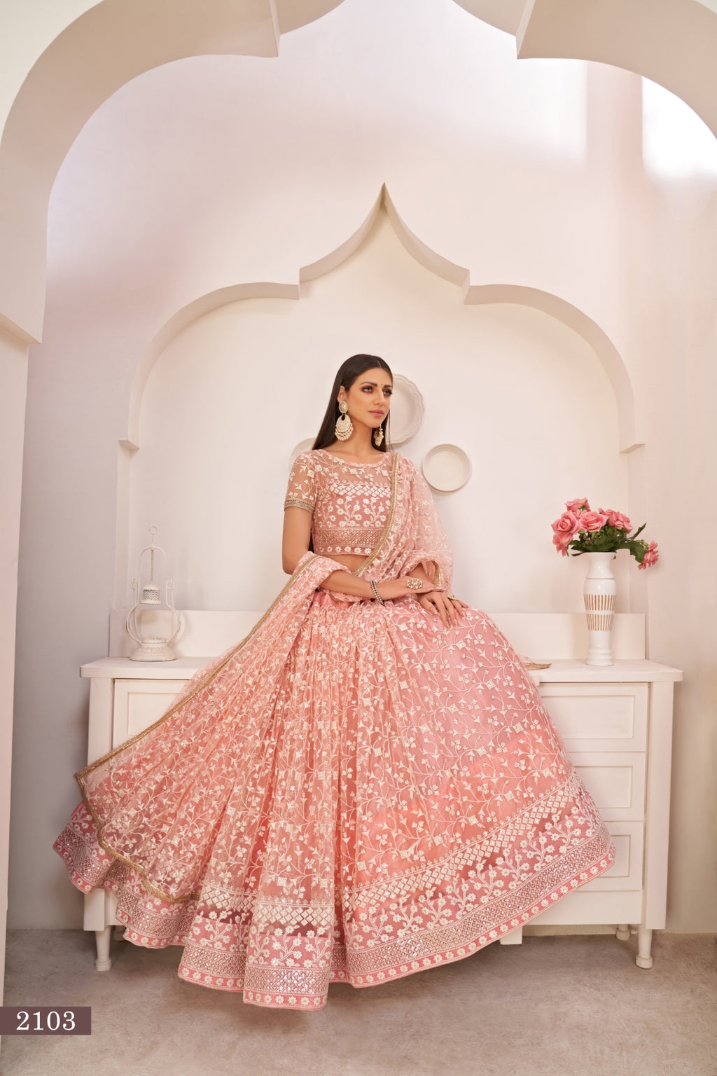 Light Pink Elegant Butterfly Net Lehenga with Intricate Embroidery ClothsVilla