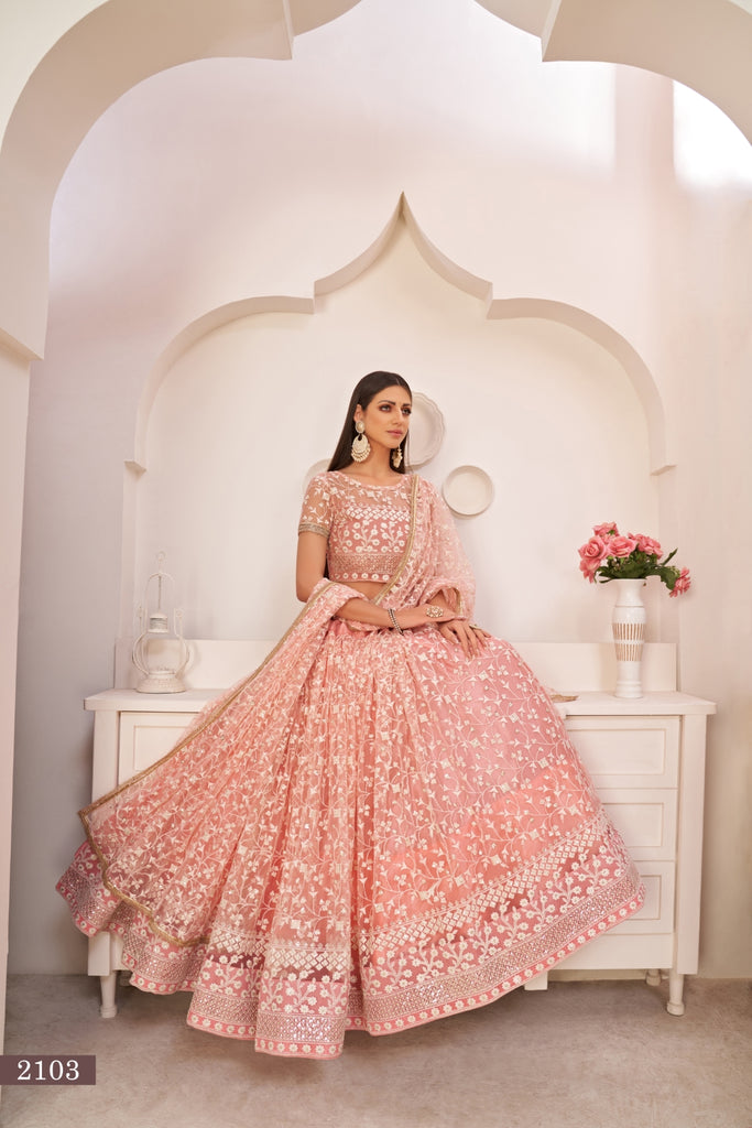 Light Pink Elegant Butterfly Net Lehenga with Intricate Embroidery ClothsVilla