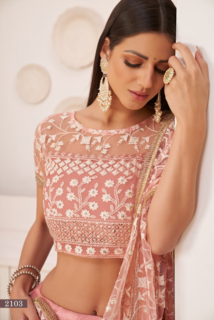 Light Pink Elegant Butterfly Net Lehenga with Intricate Embroidery ClothsVilla