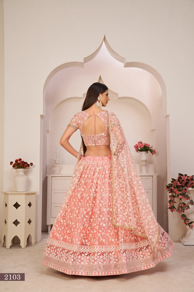 Light Pink Elegant Butterfly Net Lehenga with Intricate Embroidery ClothsVilla