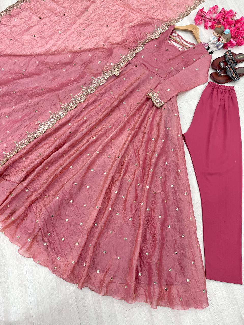 Light Pink Elegant Designer Party Wear Fancy Umbrella Gown Set with Dupatta & Bottom
