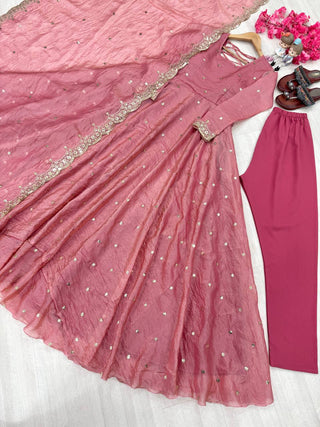 Light Pink Elegant Designer Party Wear Fancy Umbrella Gown Set with Dupatta & Bottom