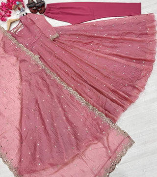 Light Pink Elegant Designer Party Wear Fancy Umbrella Gown Set with Dupatta & Bottom