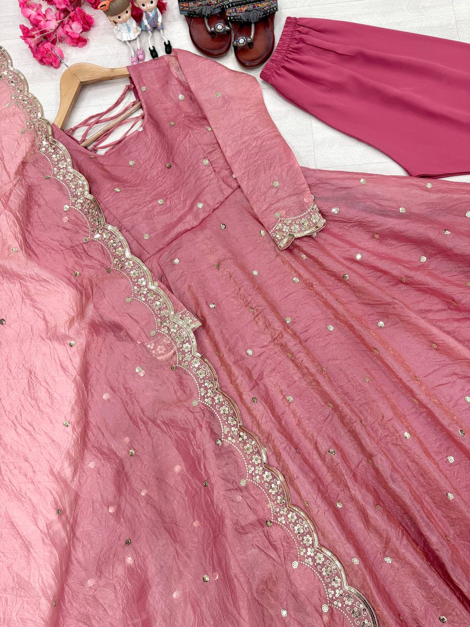Light Pink Elegant Designer Party Wear Fancy Umbrella Gown Set with Dupatta & Bottom