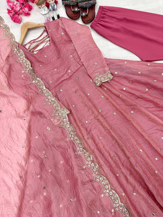 Light Pink Elegant Designer Party Wear Fancy Umbrella Gown Set with Dupatta & Bottom