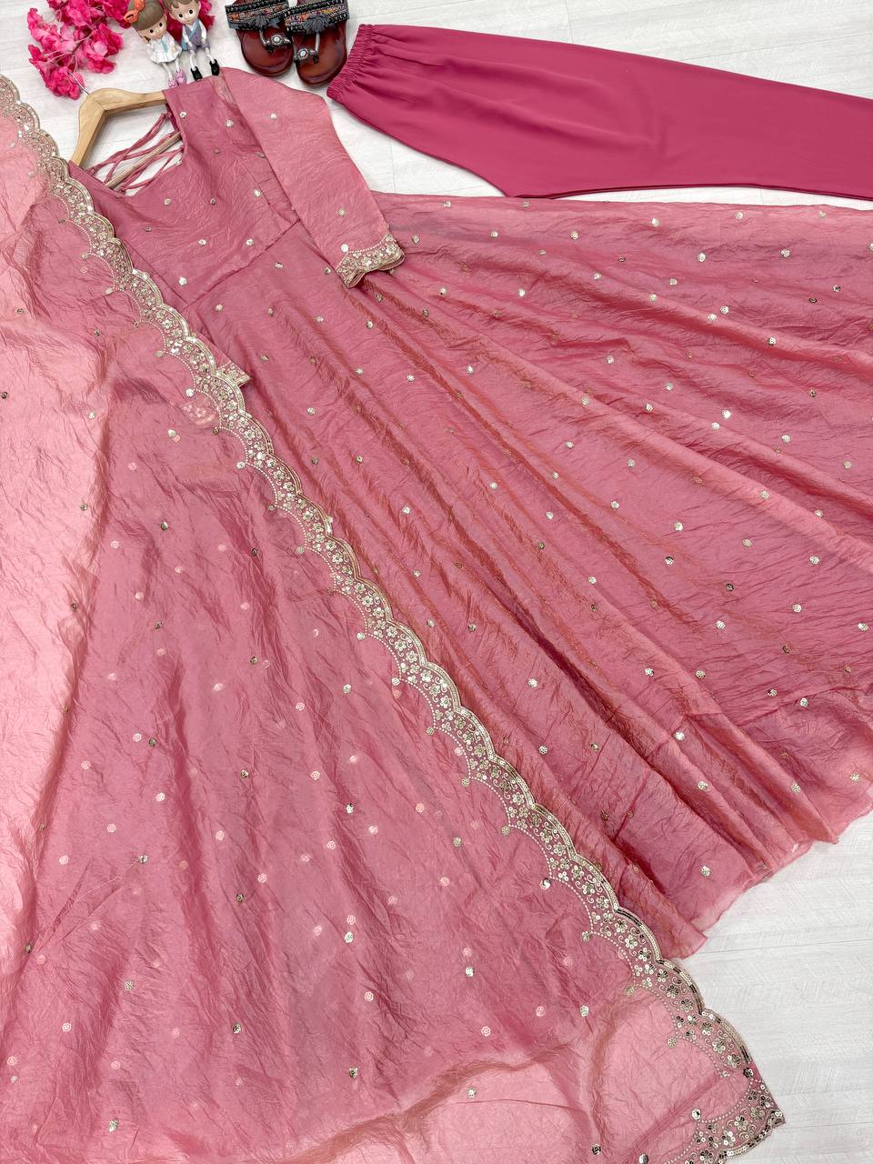 Light Pink Elegant Designer Party Wear Fancy Umbrella Gown Set with Dupatta & Bottom