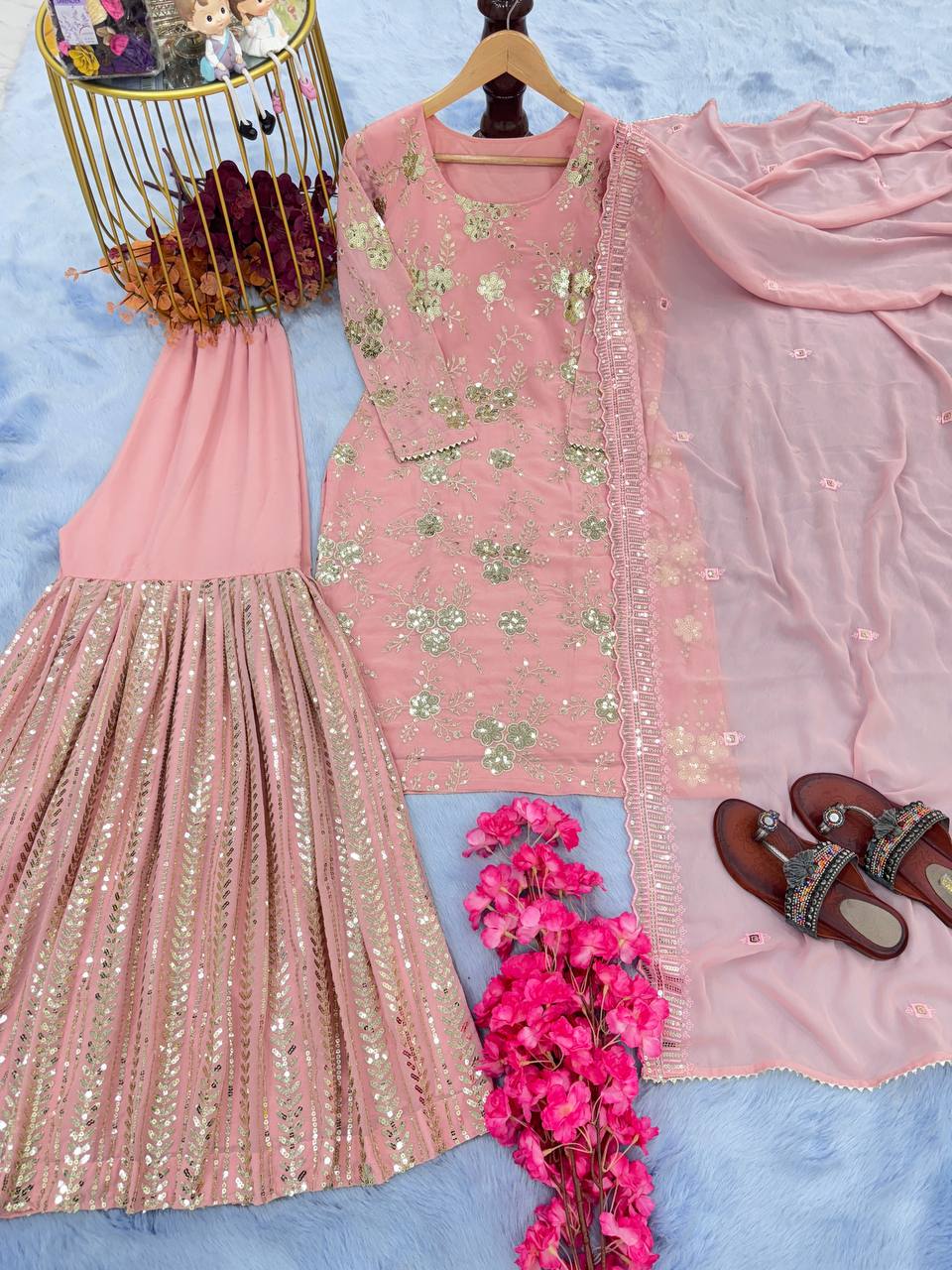 Light Pink Elegant Designer Party Wear Top, Plazzo & Dupatta Set –with Embroidery & Sequence Work Clothsvilla Main image
