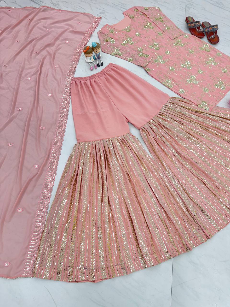 Light Pink Elegant Designer Party Wear Top, Plazzo & Dupatta Set –with Embroidery & Sequence Work Clothsvilla