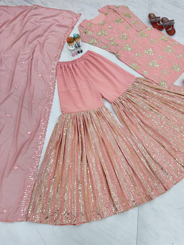 Light Pink Elegant Designer Party Wear Top, Plazzo & Dupatta Set –with Embroidery & Sequence Work Clothsvilla