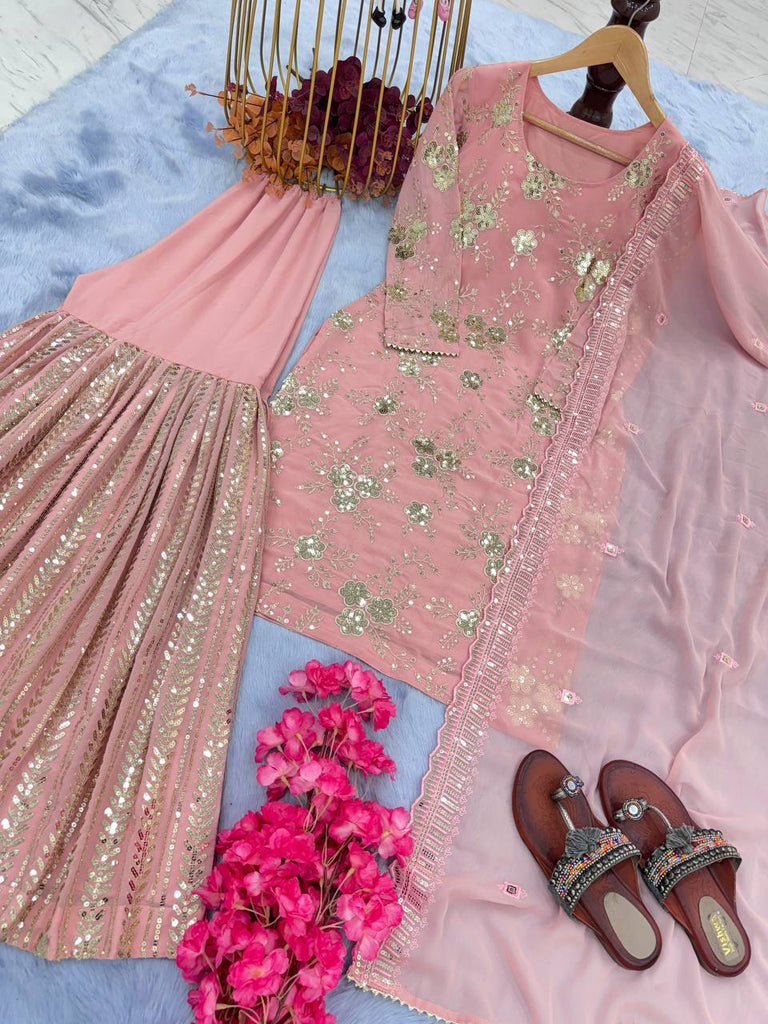 Light Pink Elegant Designer Party Wear Top, Plazzo & Dupatta Set –with Embroidery & Sequence Work Clothsvilla