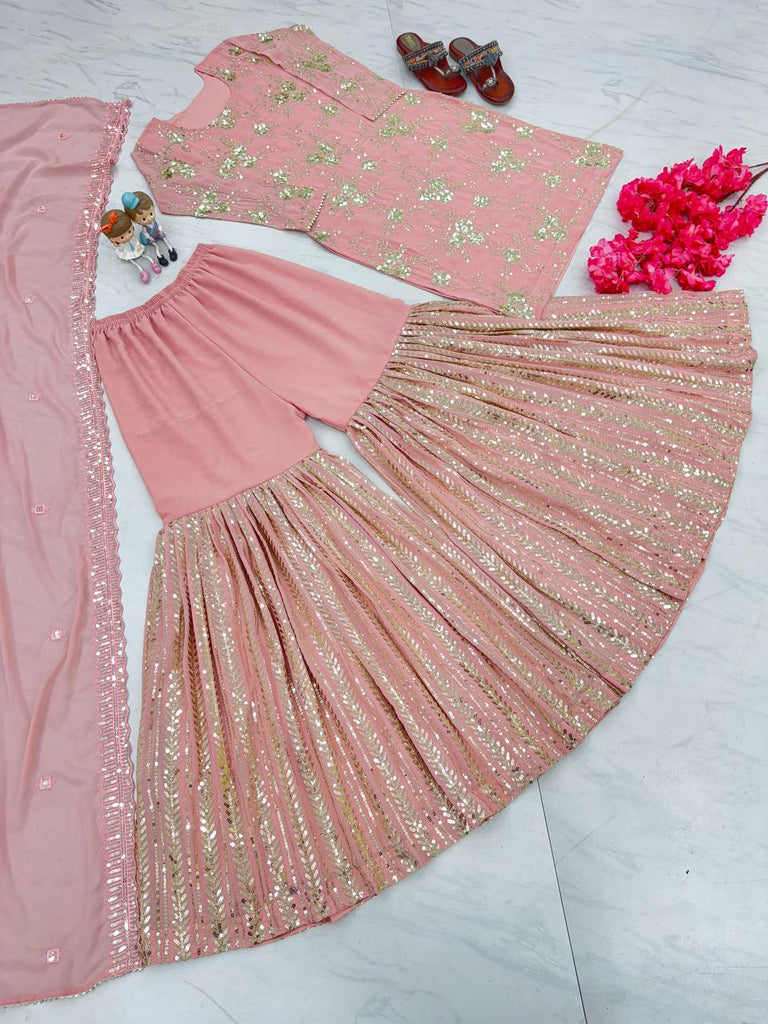 Light Pink Elegant Designer Party Wear Top, Plazzo & Dupatta Set –with Embroidery & Sequence Work Clothsvilla