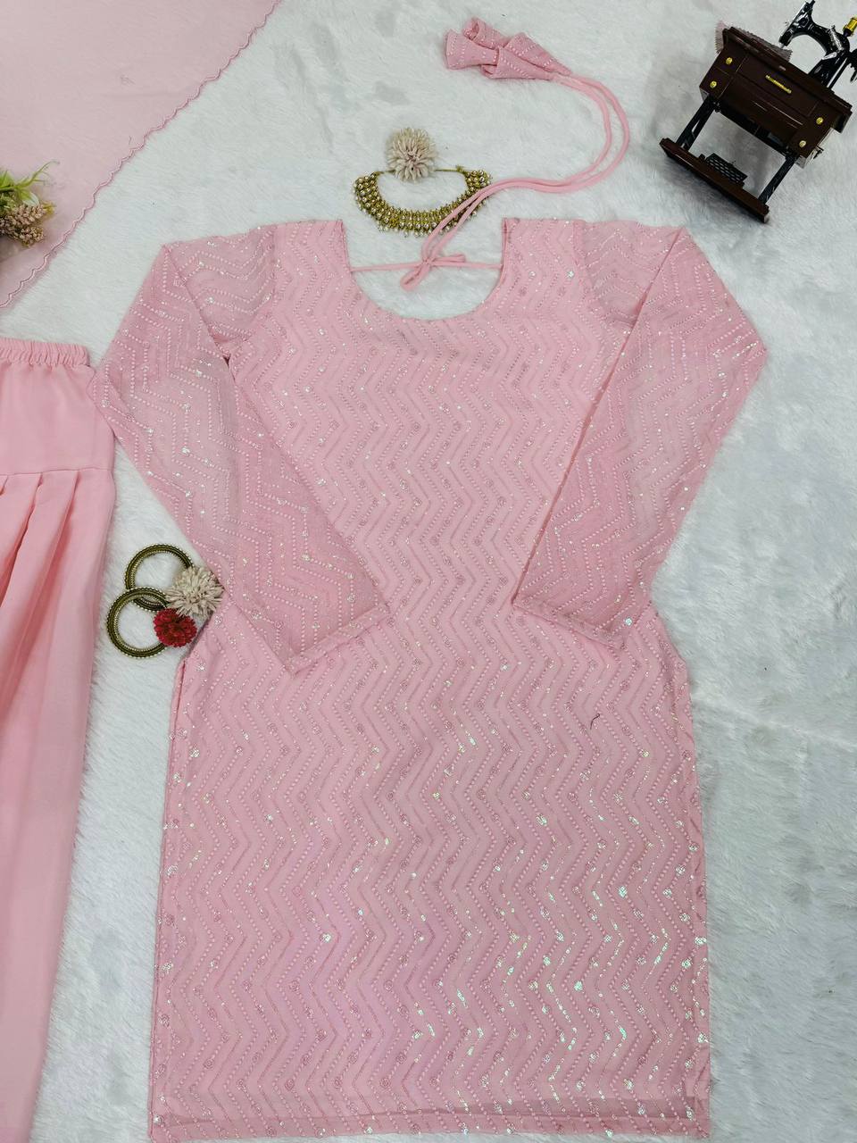 Light Pink Elegant Faux Georgette Embroidered Suit Set ClothsVilla