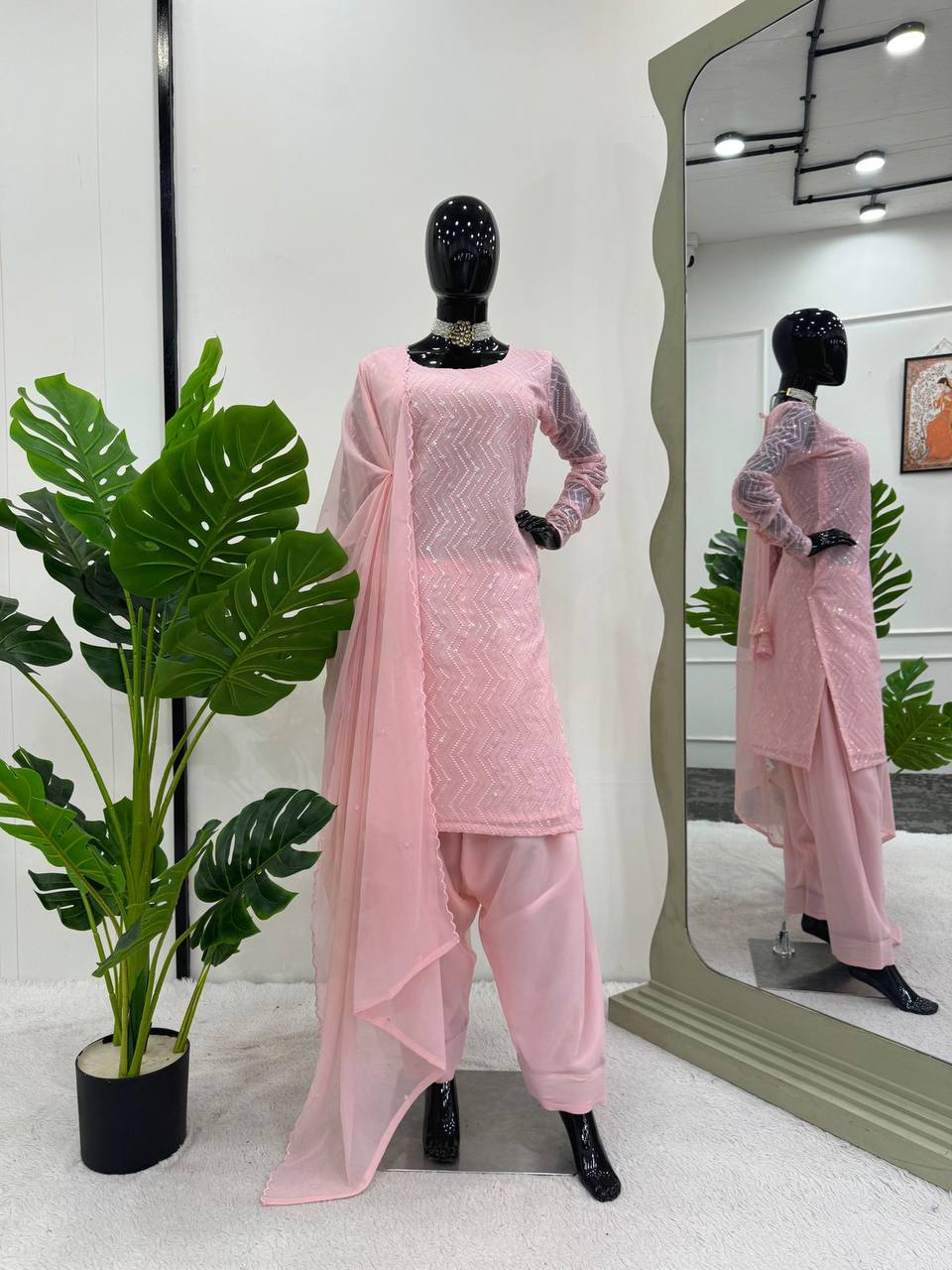 Light Pink Elegant Faux Georgette Embroidered Suit Set ClothsVilla