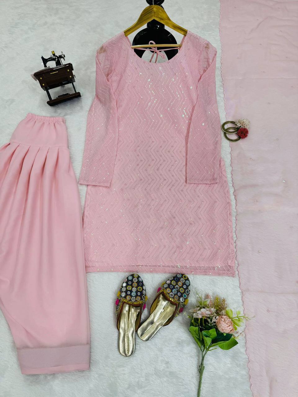 Light Pink Elegant Faux Georgette Embroidered Suit Set ClothsVilla
