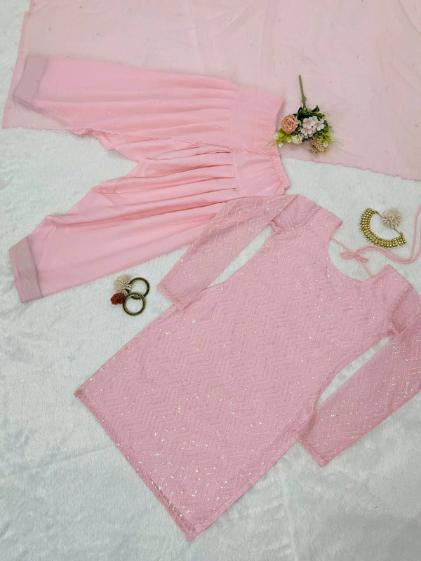 Light Pink Elegant Faux Georgette Embroidered Suit Set ClothsVilla