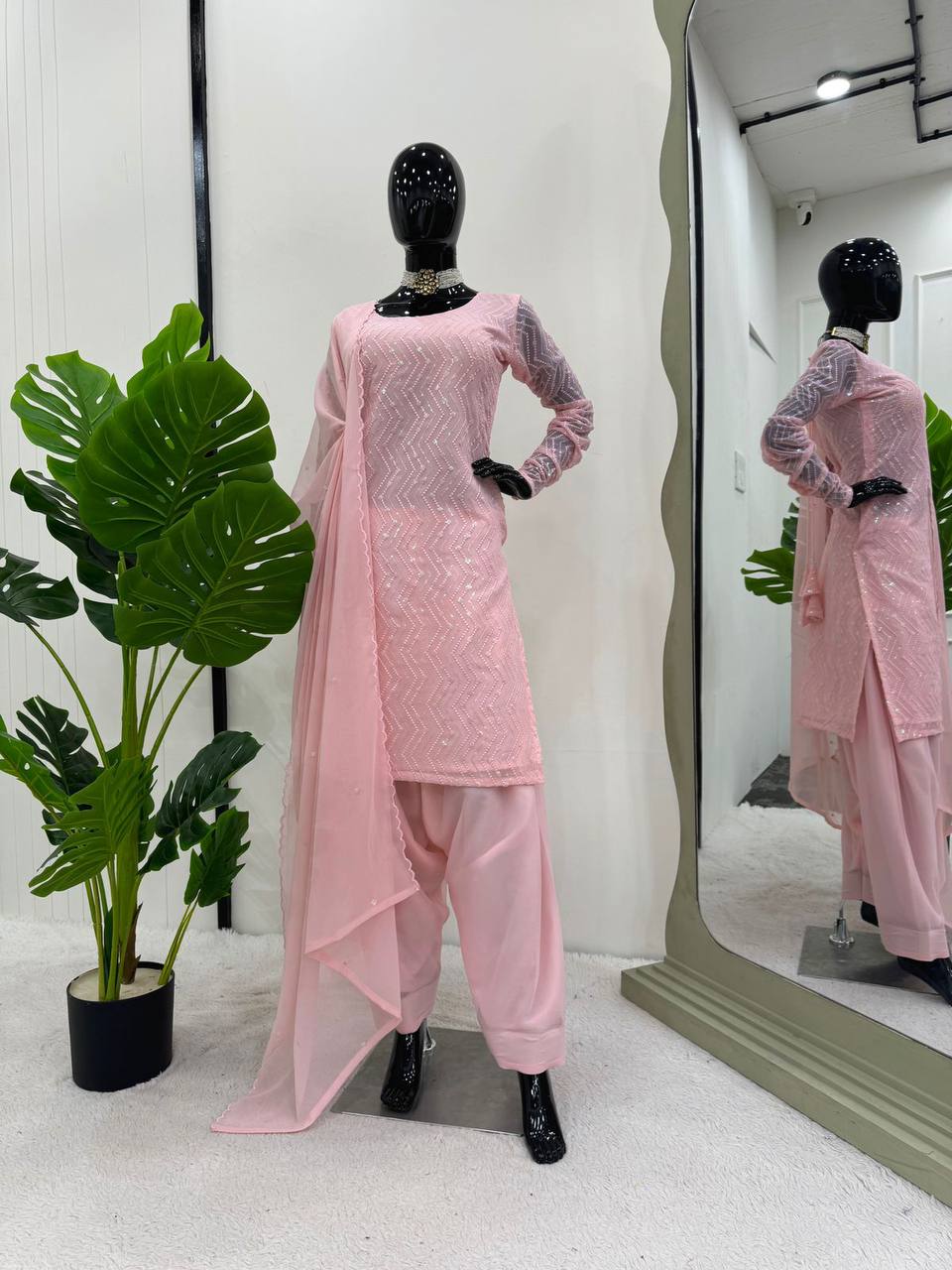 Light Pink Elegant Faux Georgette Embroidered Suit Set ClothsVilla