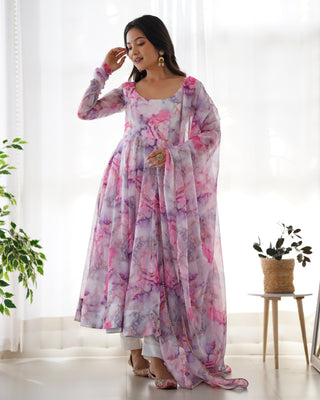 Light Pink Elegant Festive Anarkali Set – Pure Soft Organza Silk with Dupatta & Pant