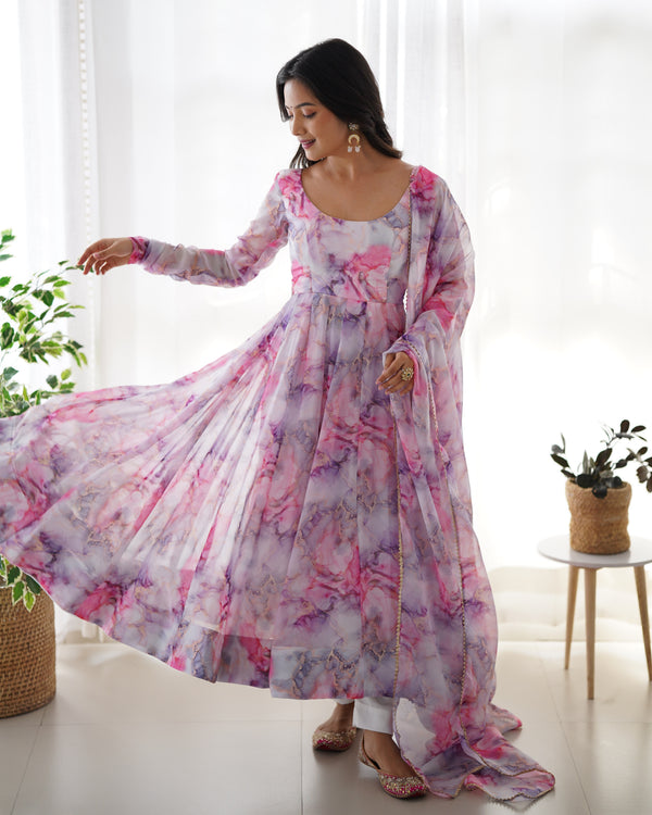 Light Pink Elegant Festive Anarkali Set – Pure Soft Organza Silk with Dupatta & Pant