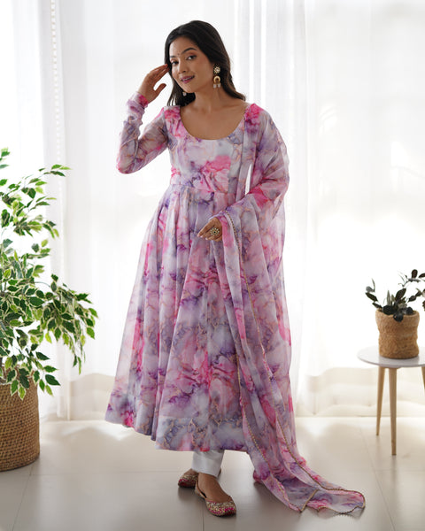 Light Pink Elegant Festive Anarkali Set – Pure Soft Organza Silk with Dupatta & Pant Main image