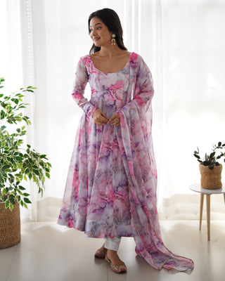 Light Pink Elegant Festive Anarkali Set – Pure Soft Organza Silk with Dupatta & Pant