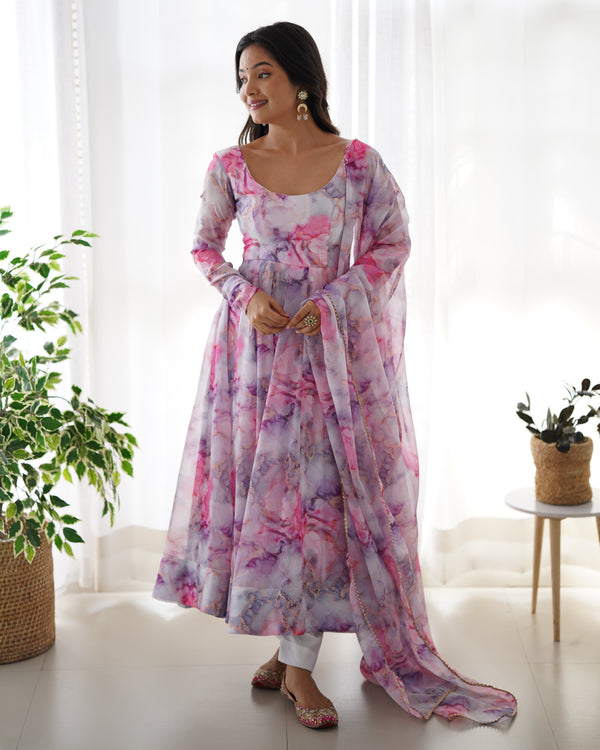 Light Pink Elegant Festive Anarkali Set – Pure Soft Organza Silk with Dupatta & Pant